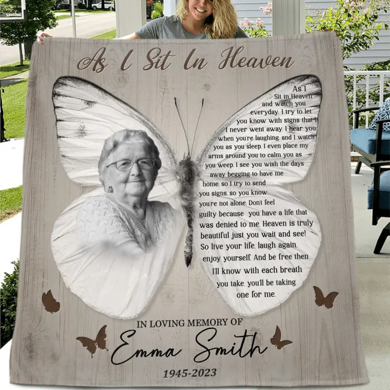 Personalized Memorial Photo Fleece Throw Blanket/Quilt - Memorial Gift for Family - As I Sit In Heaven