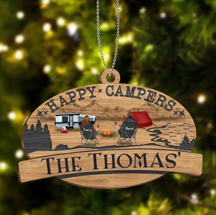 Custom Personalized Camping Wooden Ornament - Couple/ Parents With Up to 2 Kids And 2 Pets - Gift Idea For Camping Lovers/Couple/Pets Lover - Happy Campers