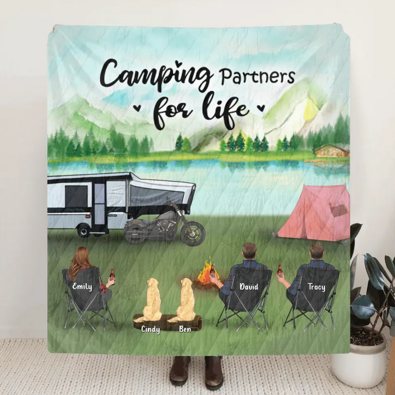 Personalized Camping Blanket - 3 Adults with Up to 2 Kids and 2 Dogs - Gift Idea For The Whole Family - Camping Partners For Life