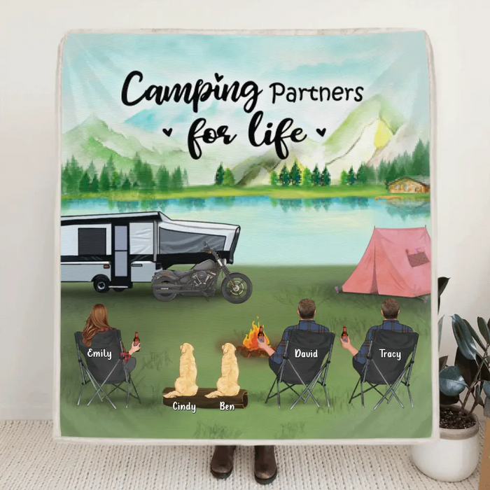 Custom Personalized Camping Blanket - 3 Adults with Upto 2 Kids and 2 Dogs - Gift Idea For The Whole Family - Camping Partners For Life