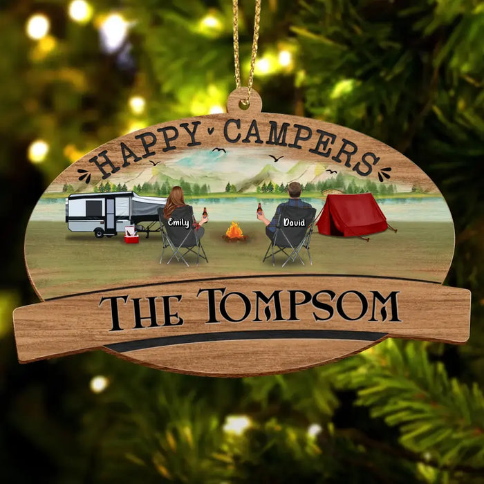 Custom Personalized Camping Wooden Ornament - Couple/ Parents With Up to 3 Kids And 2 Pets - Gift Idea For Camping Lovers/ Family - Happy Campers