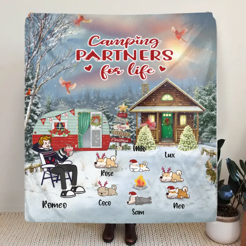 Personalized Christmas Camping Quilt/Fleece Throw Blanket - Adult/Couple With Up to 6 Pets - Christmas Gift For Dog/Cat Lover - Camping Partners For Life