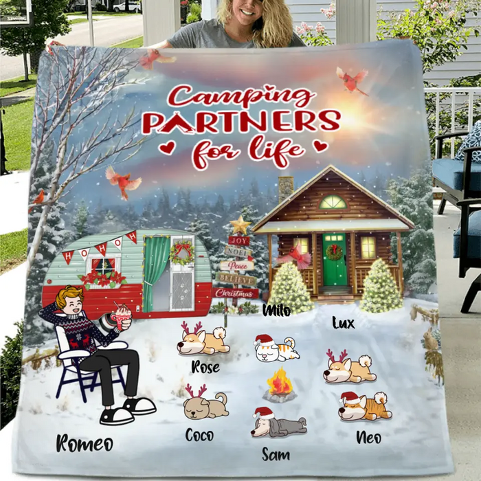 Custom Personalized Christmas Camping Quilt/Single Layer Fleece Blanket - Adult/ Couple With Upto 6 Pets - Christmas Gift For Dog/ Cat Lover - Camping Partners For Life