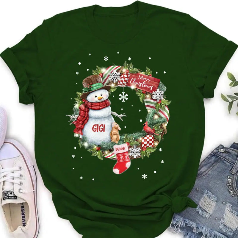 Personalized Grandma Mom Snowman Christmas Wreath Shirt/Hoodie - Christmas Gift For Grandma/Nana/Mother -  Up to 10 Kids