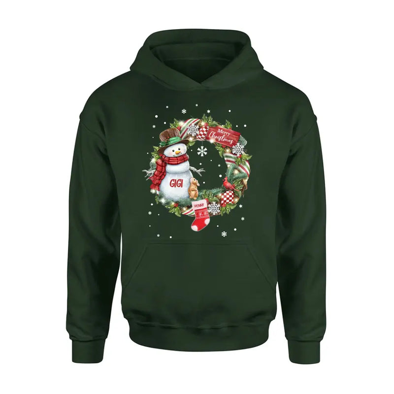 Personalized Grandma Mom Snowman Christmas Wreath Shirt/Hoodie - Christmas Gift For Grandma/Nana/Mother -  Up to 10 Kids