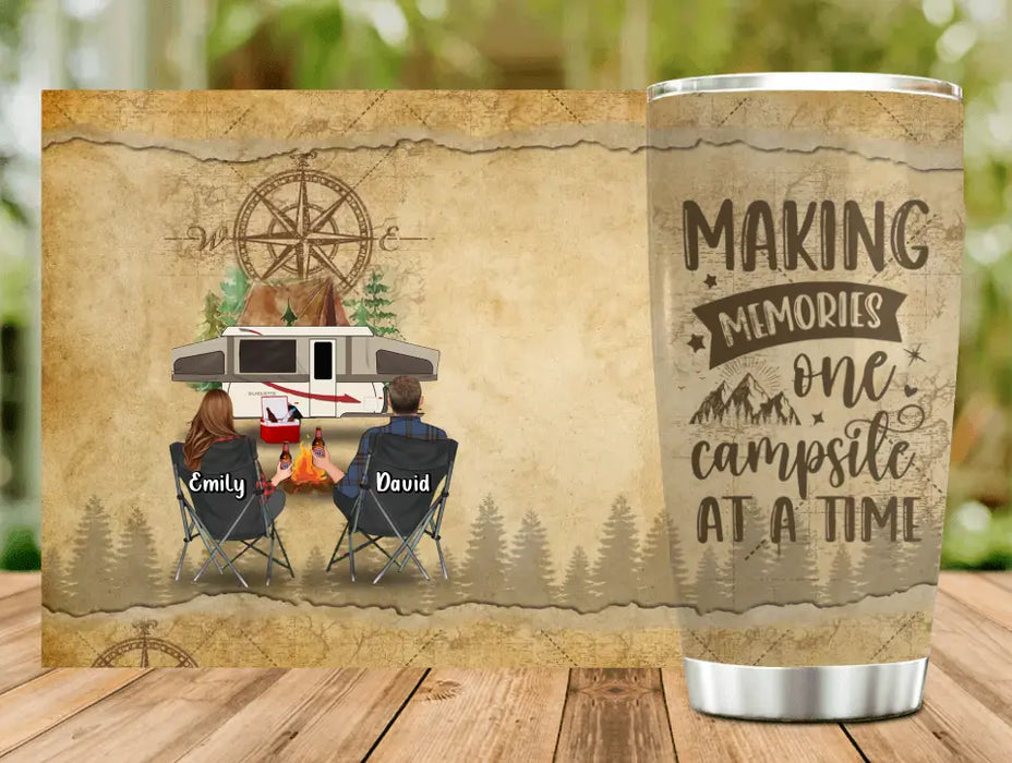 Custom Personalized Camping Tumbler - Couple/Parents With Upto 3 Pets - Gift Idea For Couple/Camping Lover - Making Memories One Campsite At A Time