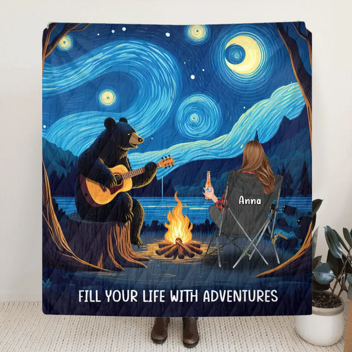 Custom Personalized Camping Life Bear Playing Guitar Quilt/Single Layer Fleece Blanket - Gift Idea For Camping Lover - Fill Your Life With Adventures