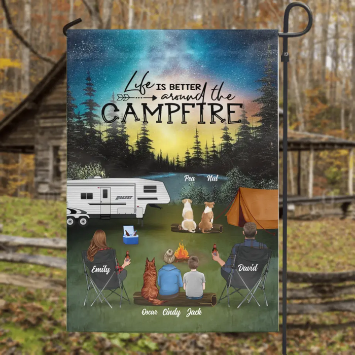 Custom Personalized Night Camping Flag Sign - Best Gift For Camping Family/Couple/Single Parent/Solo - Upto 4 Kids and 3 Pets - Life Is Better Around The Campfire