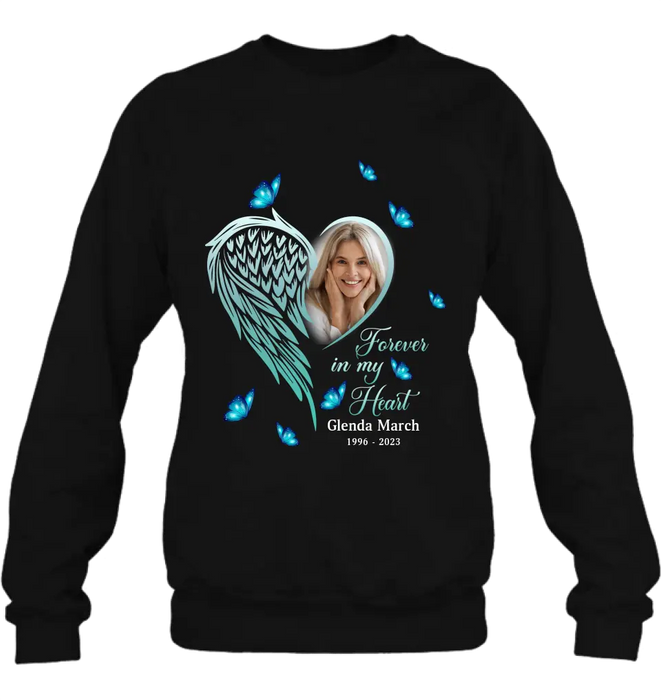 Custom Personalized Memorial Wing Heart Shirt/ Hoodie - Upload Photo - Memorial Gift Idea For Family - Forever In My Heart