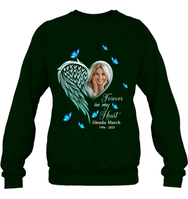 Custom Personalized Memorial Wing Heart Shirt/ Hoodie - Upload Photo - Memorial Gift Idea For Family - Forever In My Heart