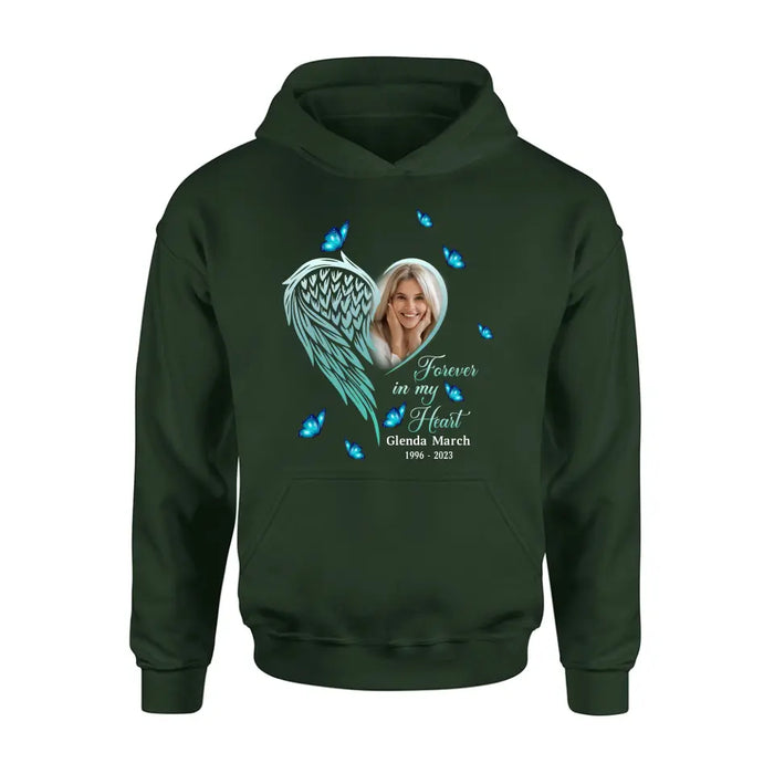 Custom Personalized Memorial Wing Heart Shirt/ Hoodie - Upload Photo - Memorial Gift Idea For Family - Forever In My Heart