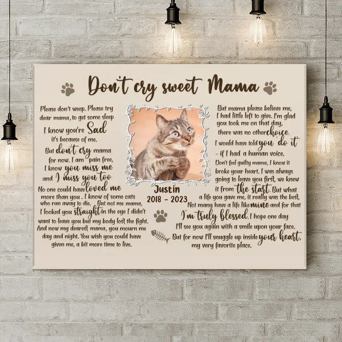 Custom Personalized Cat Custom Photo Horizontal Canvas - Memorial Gift For Cat Mom - Don't Cry Sweet Mama