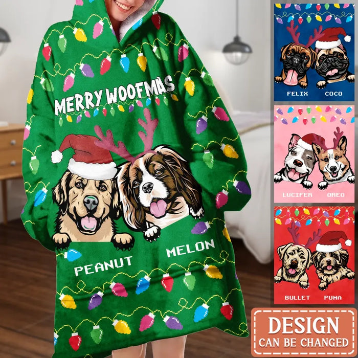 Custom Personalized Dog Mom Multicolor Blanket Hoodie - Up to 3 Dogs - Christmas Gift Idea For Dog Mom - Merry Woofmas