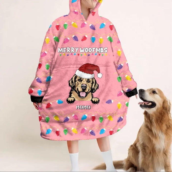 Custom Personalized Dog Mom Multicolor Blanket Hoodie - Up to 3 Dogs - Christmas Gift Idea For Dog Mom - Merry Woofmas