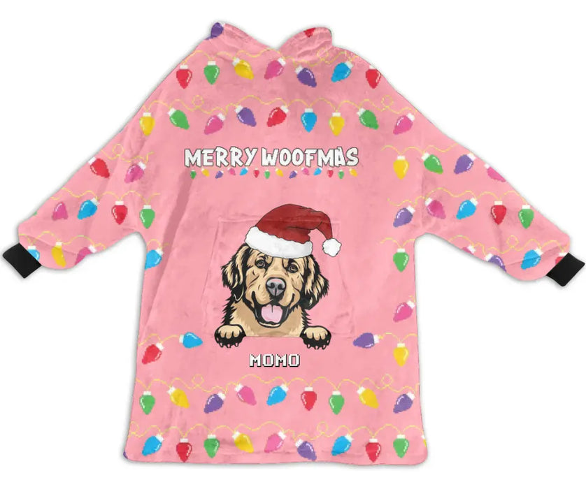 Custom Personalized Dog Mom Multicolor Blanket Hoodie - Up to 3 Dogs - Christmas Gift Idea For Dog Mom - Merry Woofmas