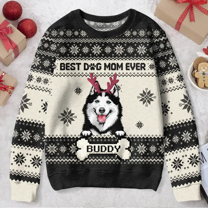 Custom Personalized Dog Mom All-Over Print Sweater - Upto 4 Dogs - Christmas Gift For Dog Lover - Best Dog Mom Ever