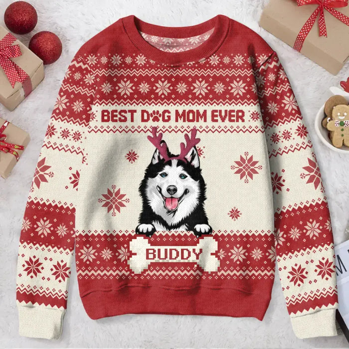 Custom Personalized Dog Mom All-Over Print Sweater - Upto 4 Dogs - Christmas Gift For Dog Lover - Best Dog Mom Ever