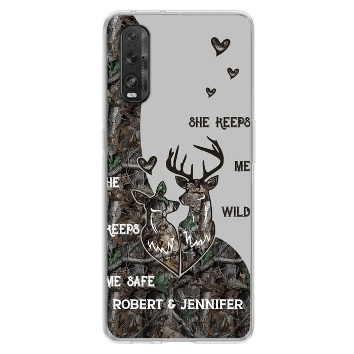 Custom Personalized Deer Couple Phone Case - Gift Idea For Couple - He Keeps Me Safe She Keeps Me Wild - Case For Oppo/ Xiaomi/ Huawei