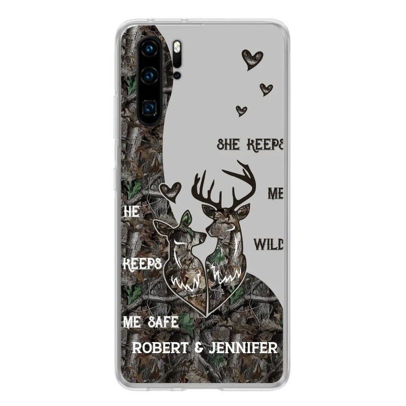 Personalized Deer Couple Phone Case - Gift Idea For Couple - He Keeps Me Safe She Keeps Me Wild - Case For Oppo/Xiaomi/Huawei