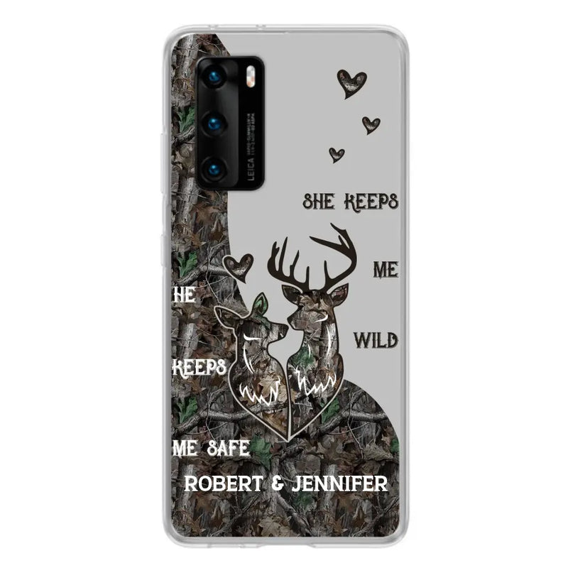 Personalized Deer Couple Phone Case - Gift Idea For Couple - He Keeps Me Safe She Keeps Me Wild - Case For Oppo/Xiaomi/Huawei