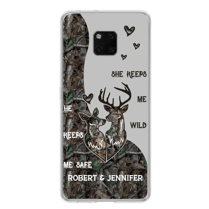 Custom Personalized Deer Couple Phone Case - Gift Idea For Couple - He Keeps Me Safe She Keeps Me Wild - Case For Oppo/ Xiaomi/ Huawei