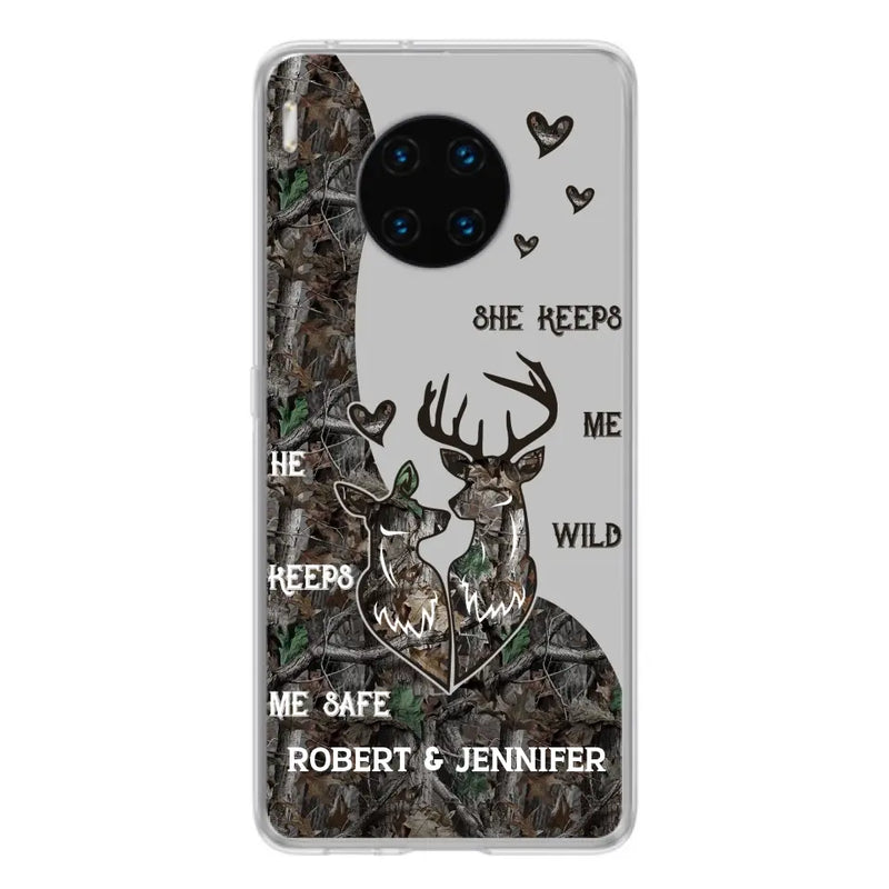 Personalized Deer Couple Phone Case - Gift Idea For Couple - He Keeps Me Safe She Keeps Me Wild - Case For Oppo/Xiaomi/Huawei