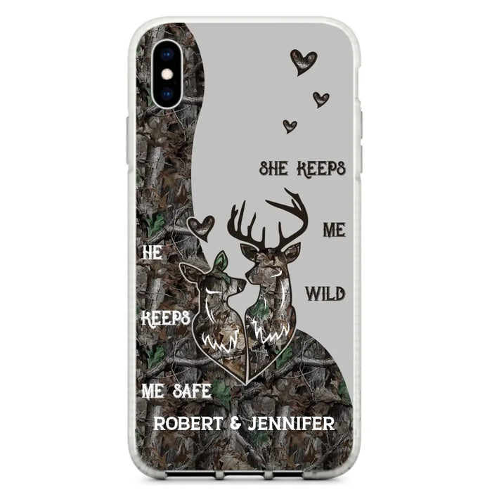 Custom Personalized Deer Couple Phone Case - Gift Idea For Couple - He Keeps Me Safe She Keeps Me Wild - Case For iPhone/Samsung