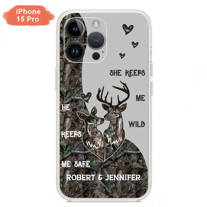 Custom Personalized Deer Couple Phone Case - Gift Idea For Couple - He Keeps Me Safe She Keeps Me Wild - Case For iPhone/Samsung