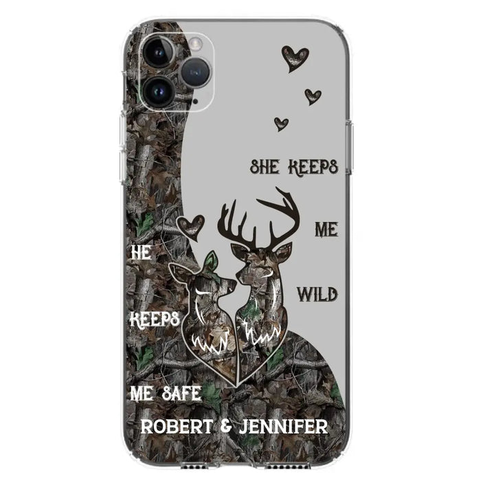 Custom Personalized Deer Couple Phone Case - Gift Idea For Couple - He Keeps Me Safe She Keeps Me Wild - Case For iPhone/Samsung