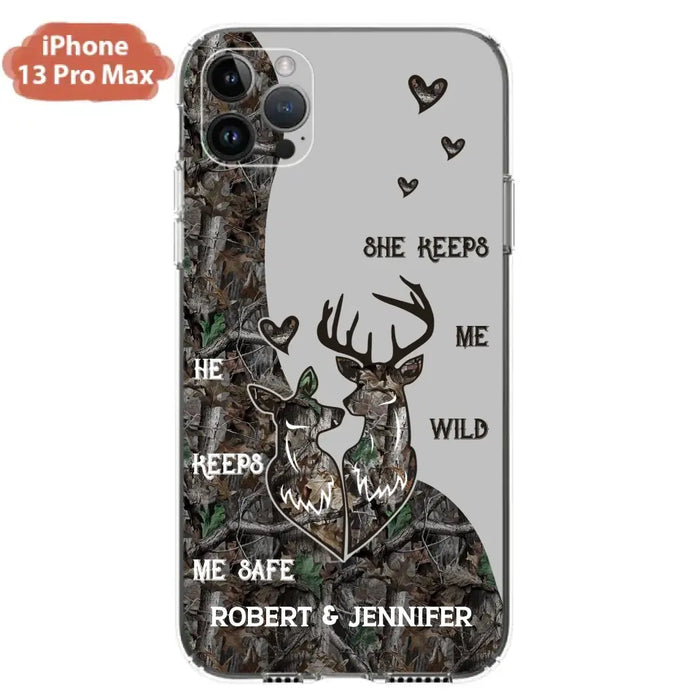 Custom Personalized Deer Couple Phone Case - Gift Idea For Couple - He Keeps Me Safe She Keeps Me Wild - Case For iPhone/Samsung