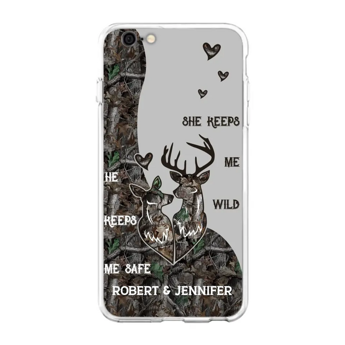 Custom Personalized Deer Couple Phone Case - Gift Idea For Couple - He Keeps Me Safe She Keeps Me Wild - Case For iPhone/Samsung