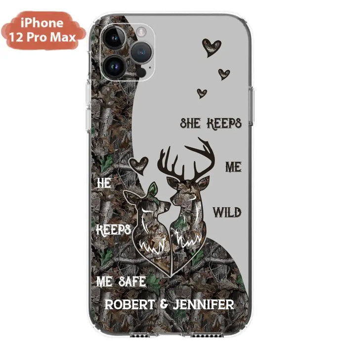 Custom Personalized Deer Couple Phone Case - Gift Idea For Couple - He Keeps Me Safe She Keeps Me Wild - Case For iPhone/Samsung