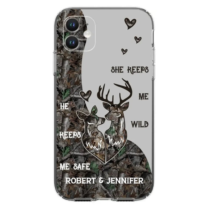 Custom Personalized Deer Couple Phone Case - Gift Idea For Couple - He Keeps Me Safe She Keeps Me Wild - Case For iPhone/Samsung