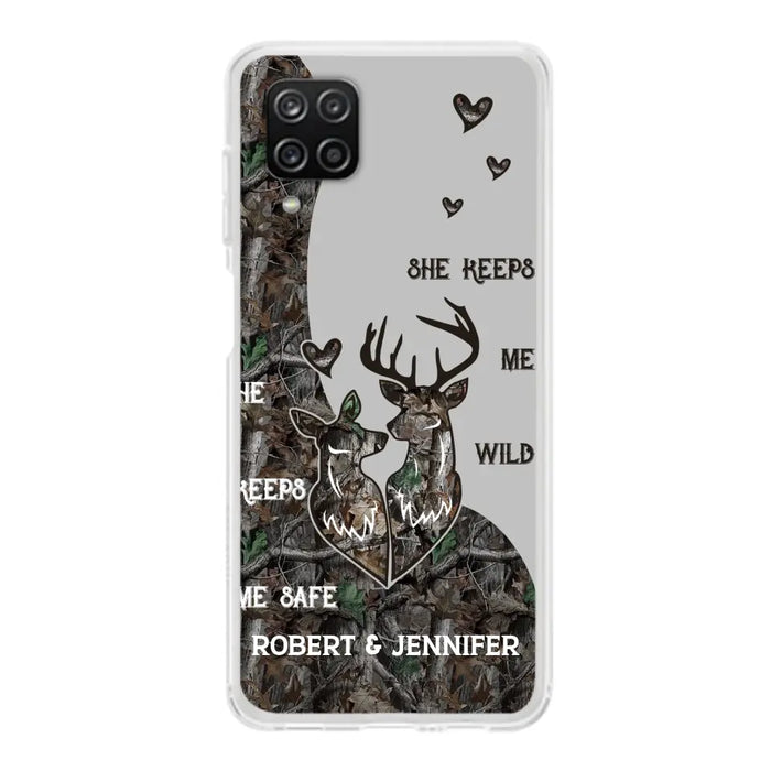 Custom Personalized Deer Couple Phone Case - Gift Idea For Couple - He Keeps Me Safe She Keeps Me Wild - Case For iPhone/Samsung