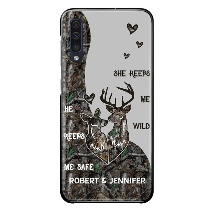 Custom Personalized Deer Couple Phone Case - Gift Idea For Couple - He Keeps Me Safe She Keeps Me Wild - Case For iPhone/Samsung