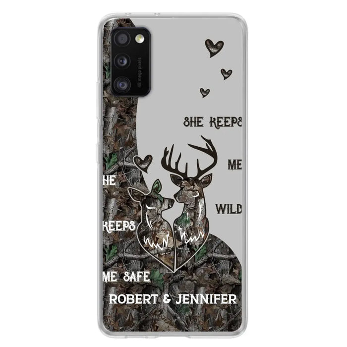 Custom Personalized Deer Couple Phone Case - Gift Idea For Couple - He Keeps Me Safe She Keeps Me Wild - Case For iPhone/Samsung