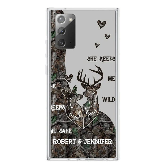 Custom Personalized Deer Couple Phone Case - Gift Idea For Couple - He Keeps Me Safe She Keeps Me Wild - Case For iPhone/Samsung