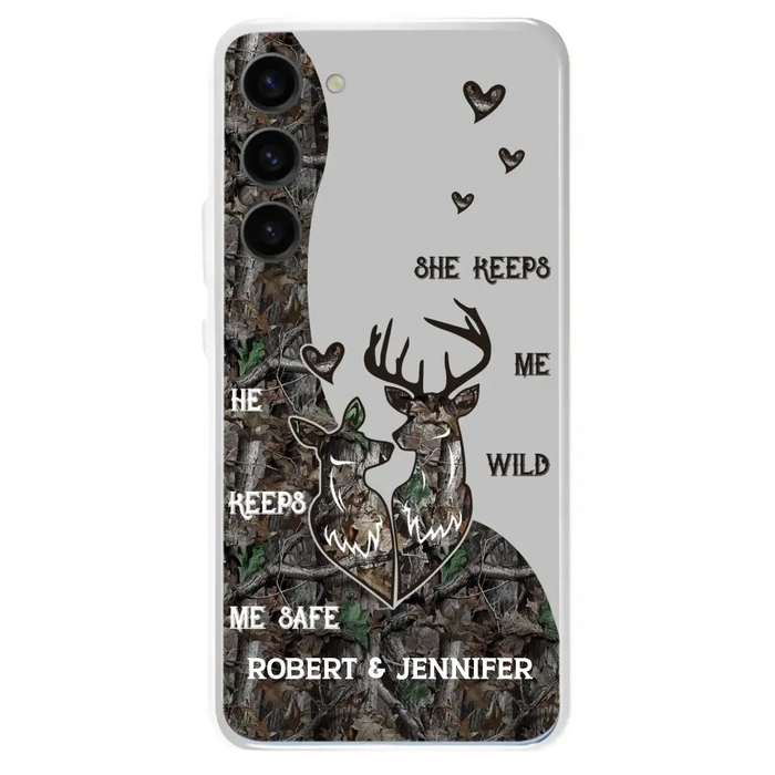 Custom Personalized Deer Couple Phone Case - Gift Idea For Couple - He Keeps Me Safe She Keeps Me Wild - Case For iPhone/Samsung