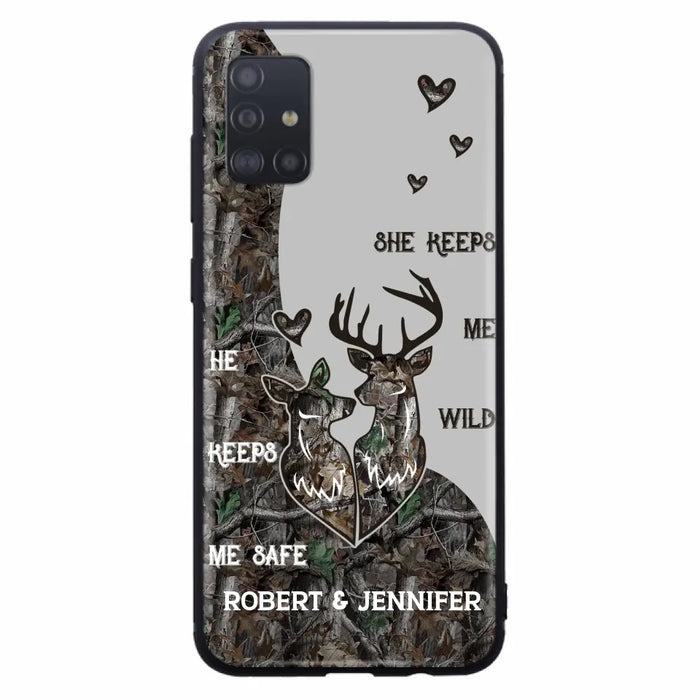 Custom Personalized Deer Couple Phone Case - Gift Idea For Couple - He Keeps Me Safe She Keeps Me Wild - Case For iPhone/Samsung