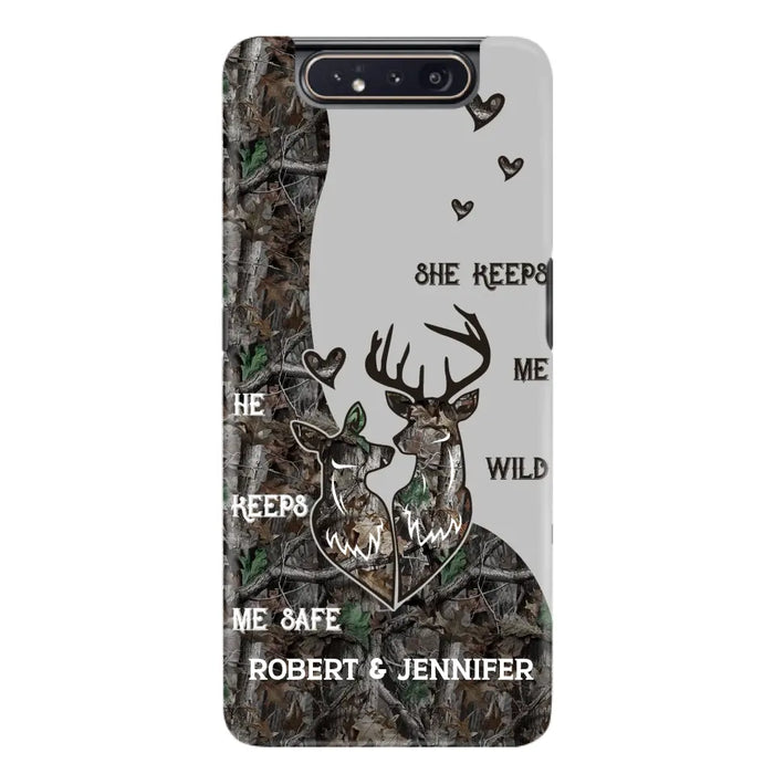 Custom Personalized Deer Couple Phone Case - Gift Idea For Couple - He Keeps Me Safe She Keeps Me Wild - Case For iPhone/Samsung