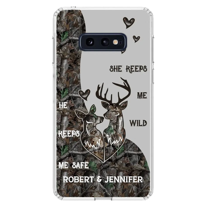 Custom Personalized Deer Couple Phone Case - Gift Idea For Couple - He Keeps Me Safe She Keeps Me Wild - Case For iPhone/Samsung