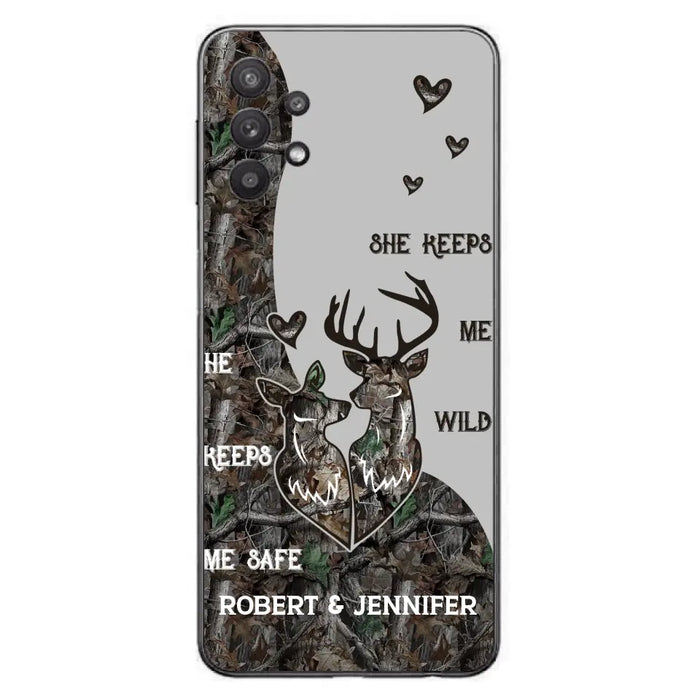 Custom Personalized Deer Couple Phone Case - Gift Idea For Couple - He Keeps Me Safe She Keeps Me Wild - Case For iPhone/Samsung