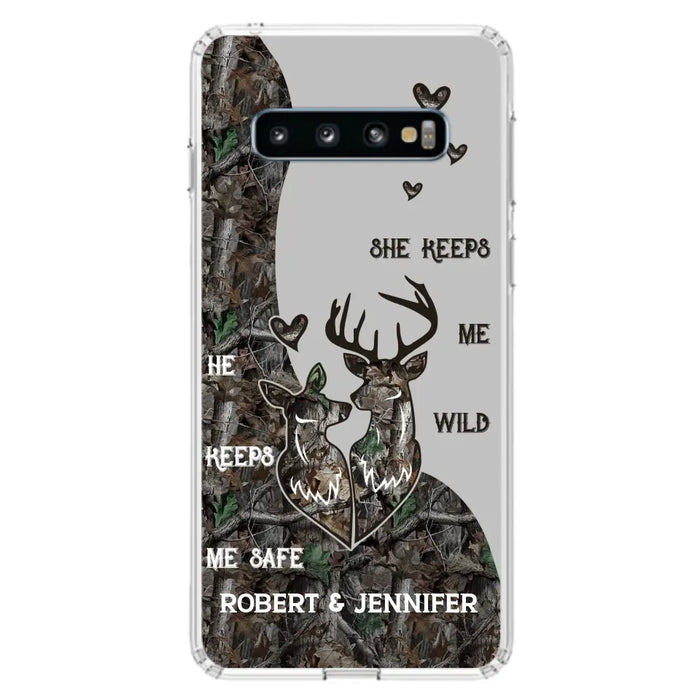 Custom Personalized Deer Couple Phone Case - Gift Idea For Couple - He Keeps Me Safe She Keeps Me Wild - Case For iPhone/Samsung