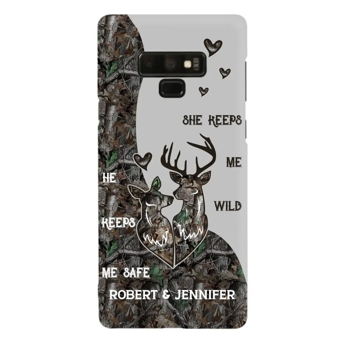 Custom Personalized Deer Couple Phone Case - Gift Idea For Couple - He Keeps Me Safe She Keeps Me Wild - Case For iPhone/Samsung