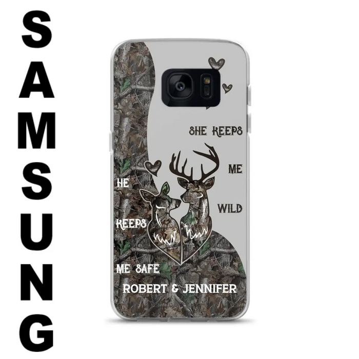 Custom Personalized Deer Couple Phone Case - Gift Idea For Couple - He Keeps Me Safe She Keeps Me Wild - Case For iPhone/Samsung