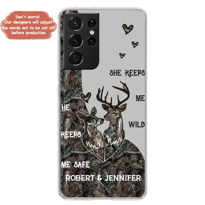 Custom Personalized Deer Couple Phone Case - Gift Idea For Couple - He Keeps Me Safe She Keeps Me Wild - Case For iPhone/Samsung