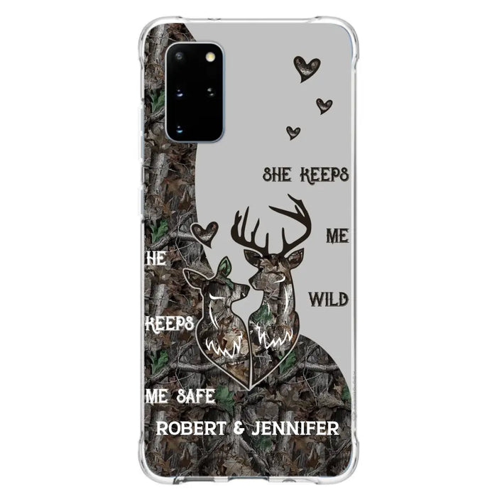 Custom Personalized Deer Couple Phone Case - Gift Idea For Couple - He Keeps Me Safe She Keeps Me Wild - Case For iPhone/Samsung