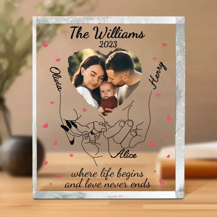 Custom Personalized Family Hand In Hand Acrylic Plaque - Gift For Family Parents With Up to 3 Kids - Upload Photo - Where Life Begins & Love Never Ends