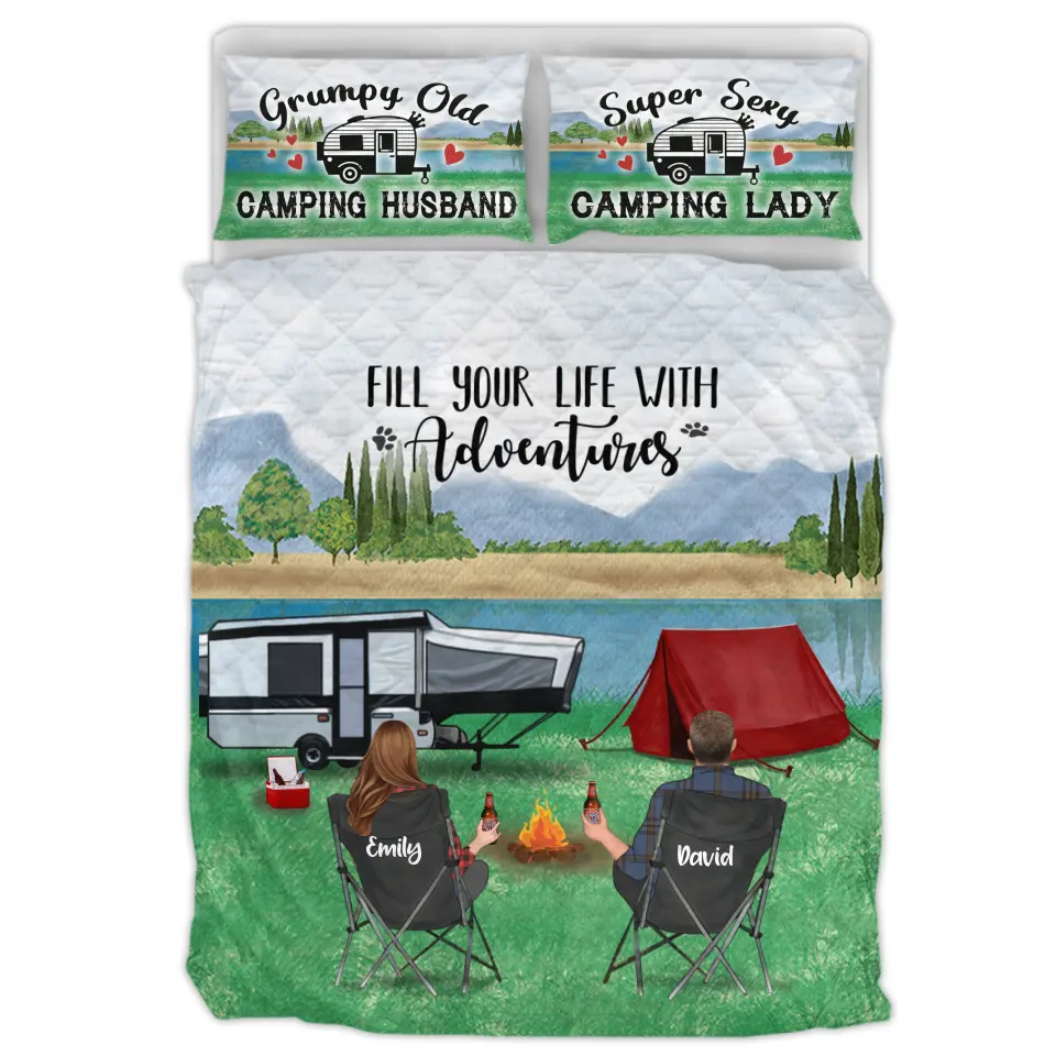 Custom Personalized Camping Quilt Bed Sets Gift Idea For Family Camping Lover Couple Parents Single Parent With Up to 3 Kids And 4 Pets Fill