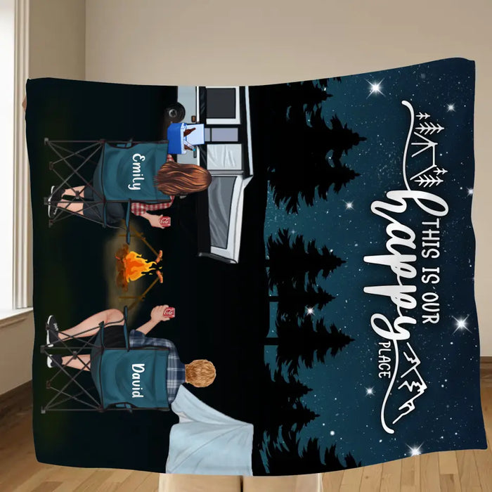 Custom Personalized Camping Family Quilt/Single Layer Fleece Blanket - Gift Idea For Camping Lover/ Couple/ Family - This Is Our Happy Place